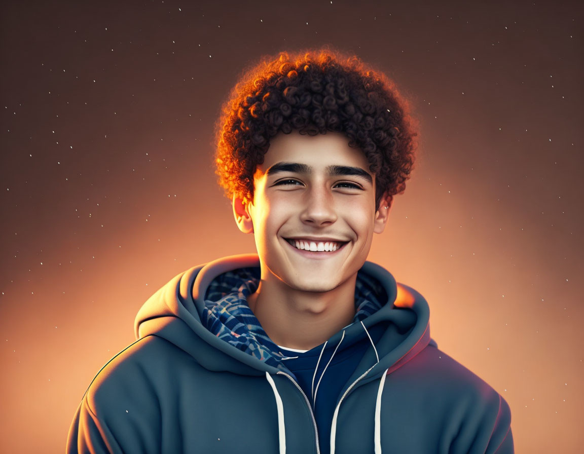 Smiling young person with curly hair in hoodie under warm starry sky