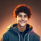 Smiling young person with curly hair in hoodie under warm starry sky