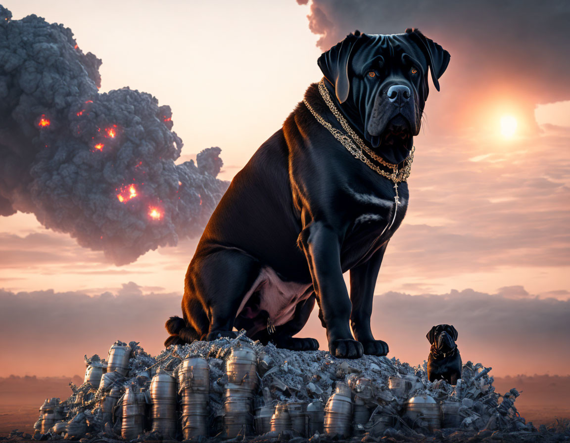 Giant dog with gold chain on coin pile, small dog nearby, dramatic sky, volcanic eruptions