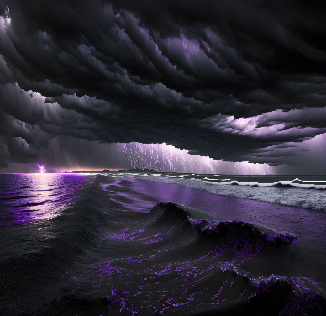 Stormy Seascape with Purple Lightning Strikes