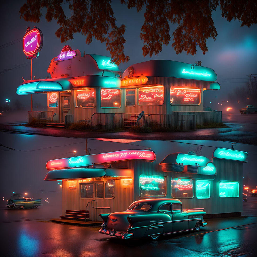 Vintage neon-lit diner with classic car at night
