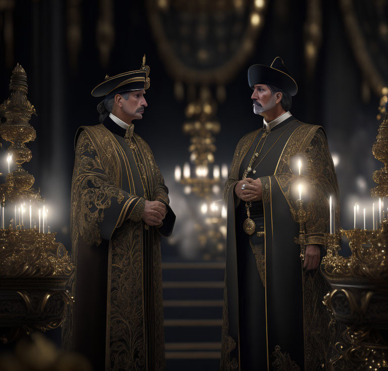 Two men in ornate historical military uniforms in dimly lit room