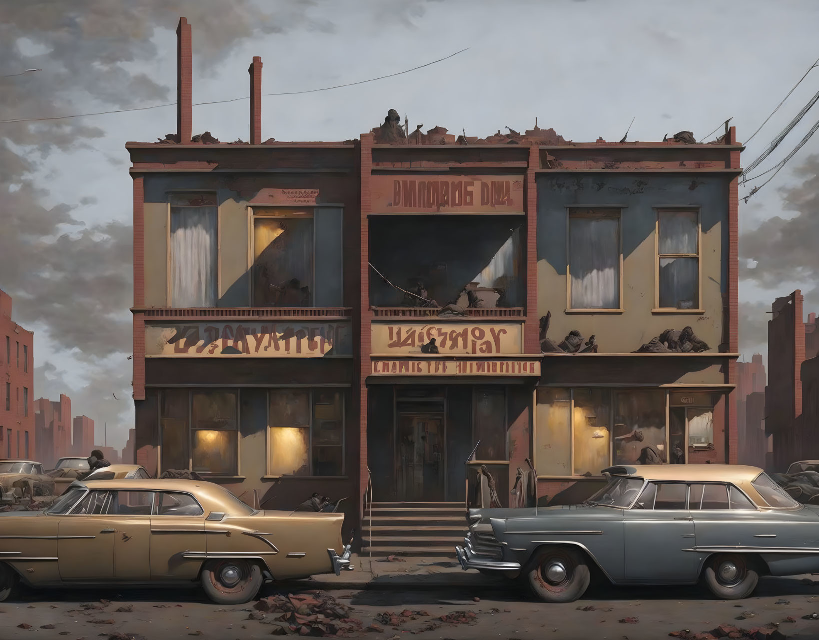 Abandoned two-story building with vintage cars in empty streets