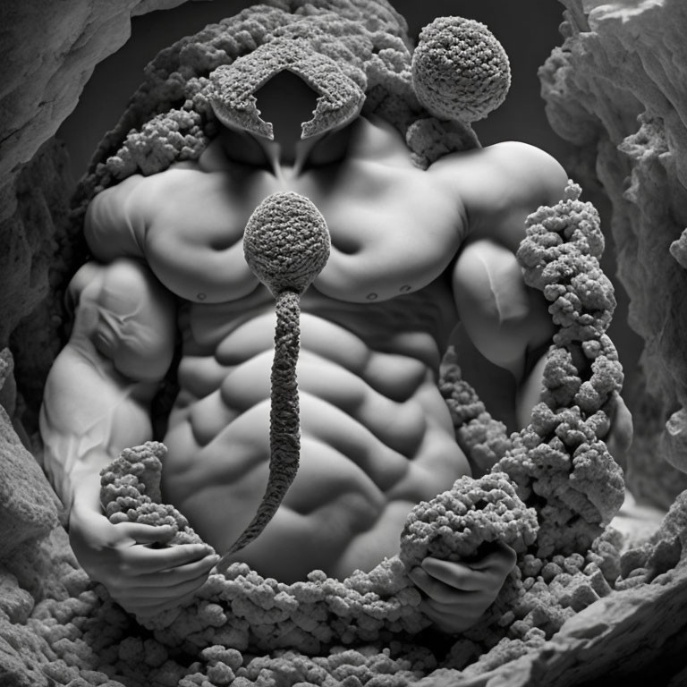 Grayscale digital art of muscular figure fused with spherical textures