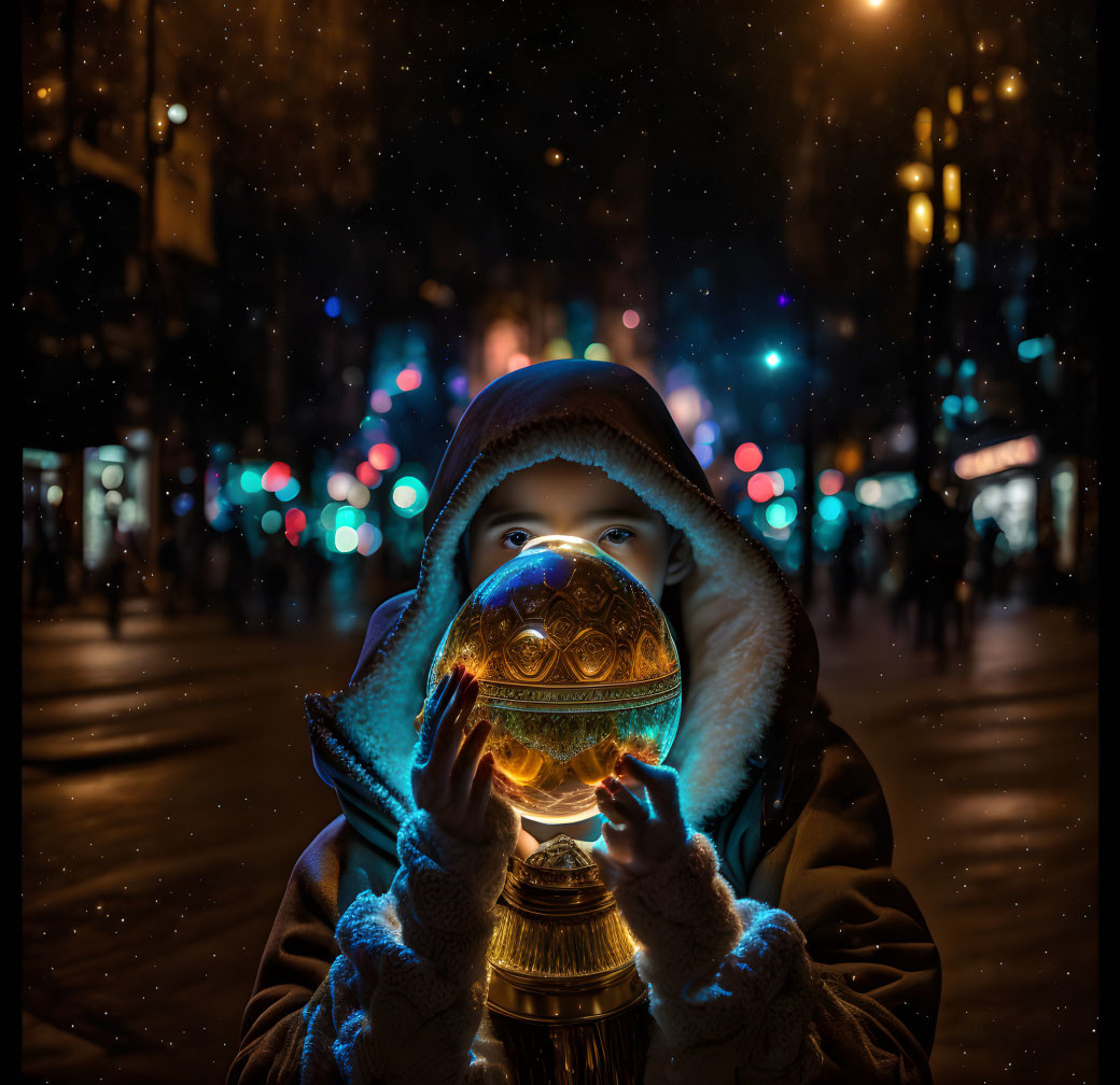 Hooded figure with crystal ball in city street at night