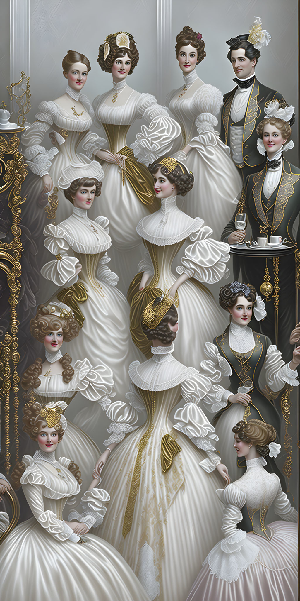 Detailed 18th-Century Fashion Illustration with Multiple Figures