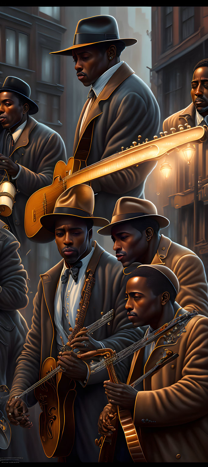 Vintage Jazz Band Illustration in Urban Setting