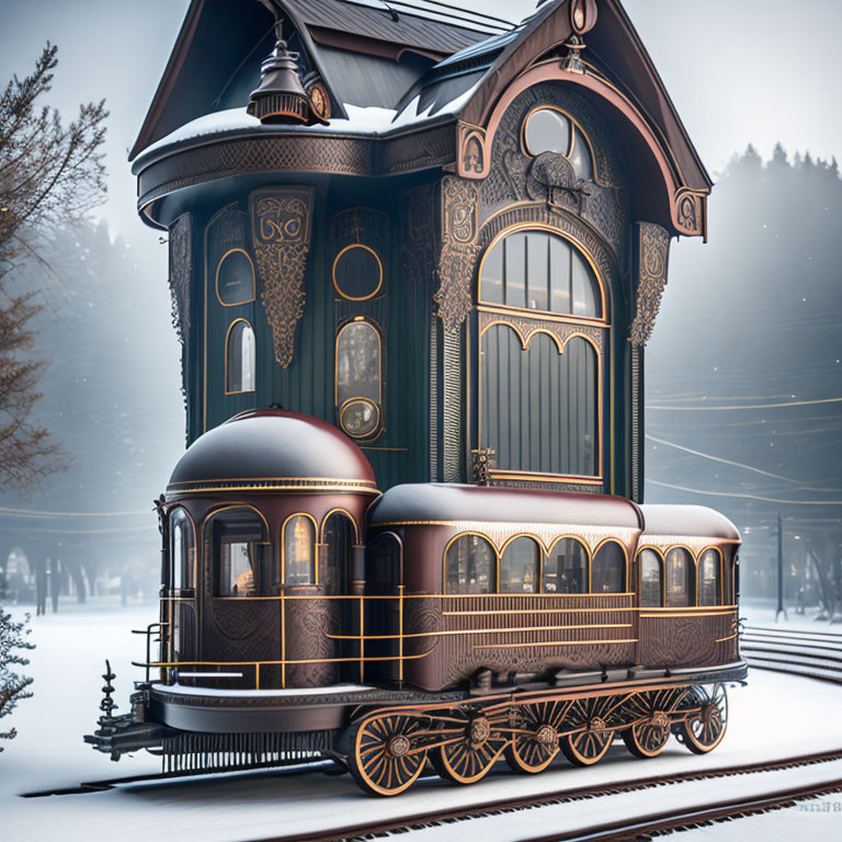 Steampunk-inspired train-car-like house in snowy landscape