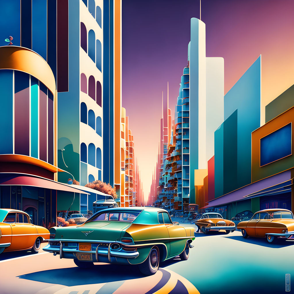 Colorful Retro-Futuristic Cityscape with Vintage Cars and Pastel Sky