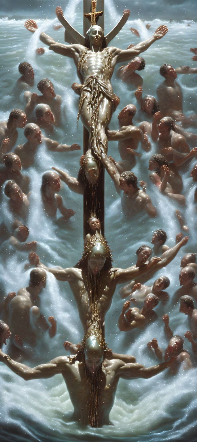 Surreal artwork: Skeleton crucifix, diverse human-like figures, floating figures in milky liquid