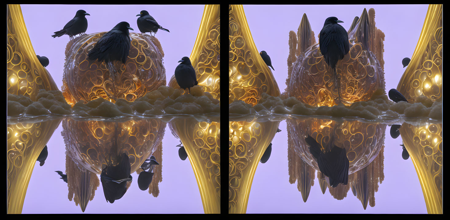 Symmetrical ravens on ornate golden structures at dusk