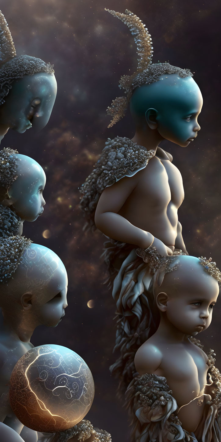 Blue-skinned horned humanoid figures in surreal celestial artwork