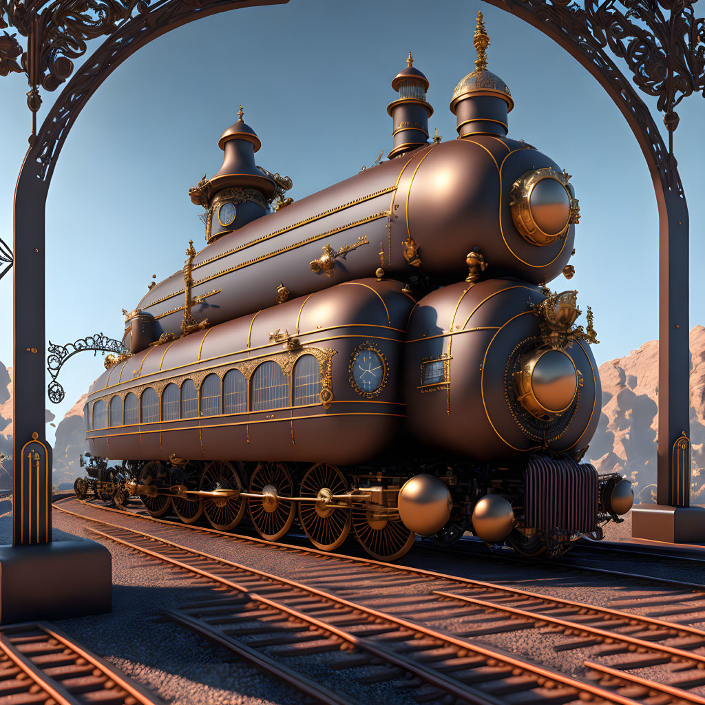 Steampunk-style train with golden details in desert setting