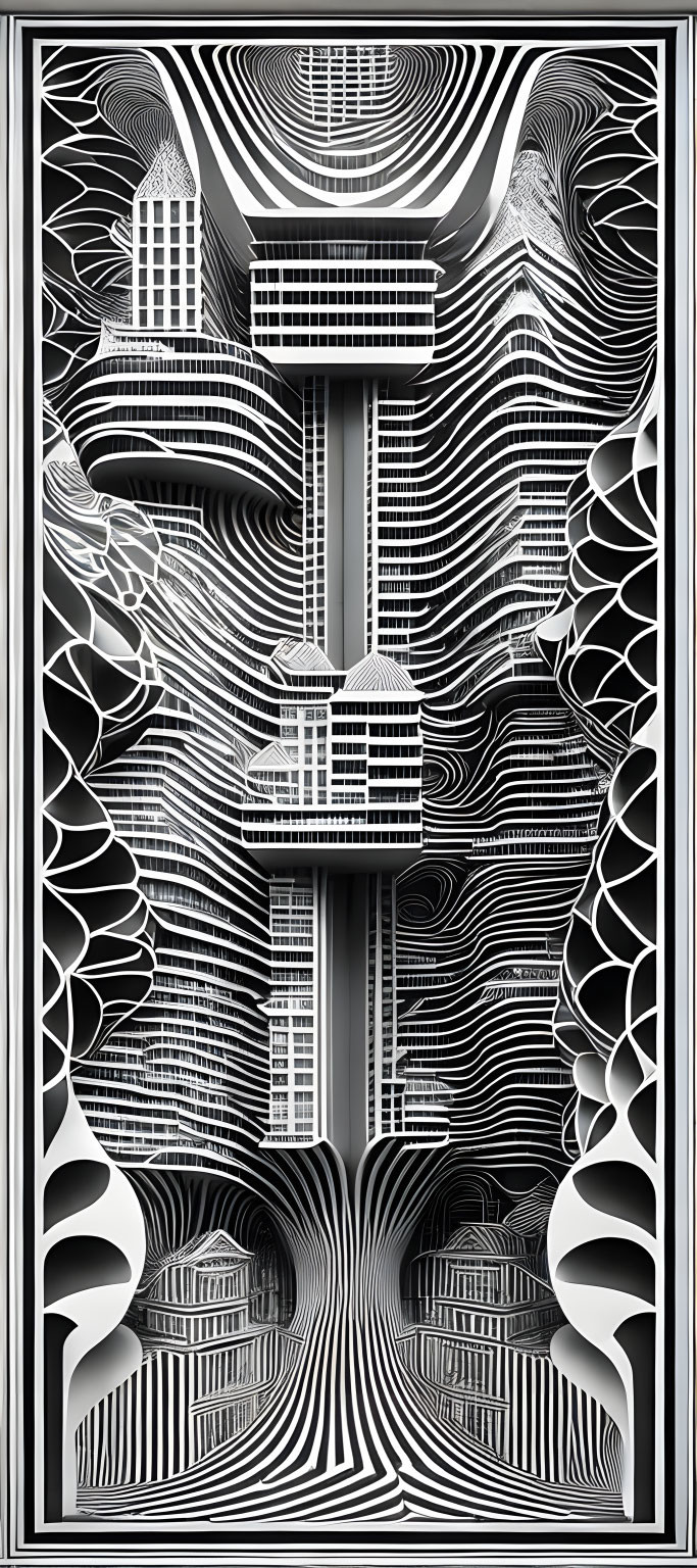 Abstract Monochrome Art: Warped Lines Create Distorted Skyscrapers