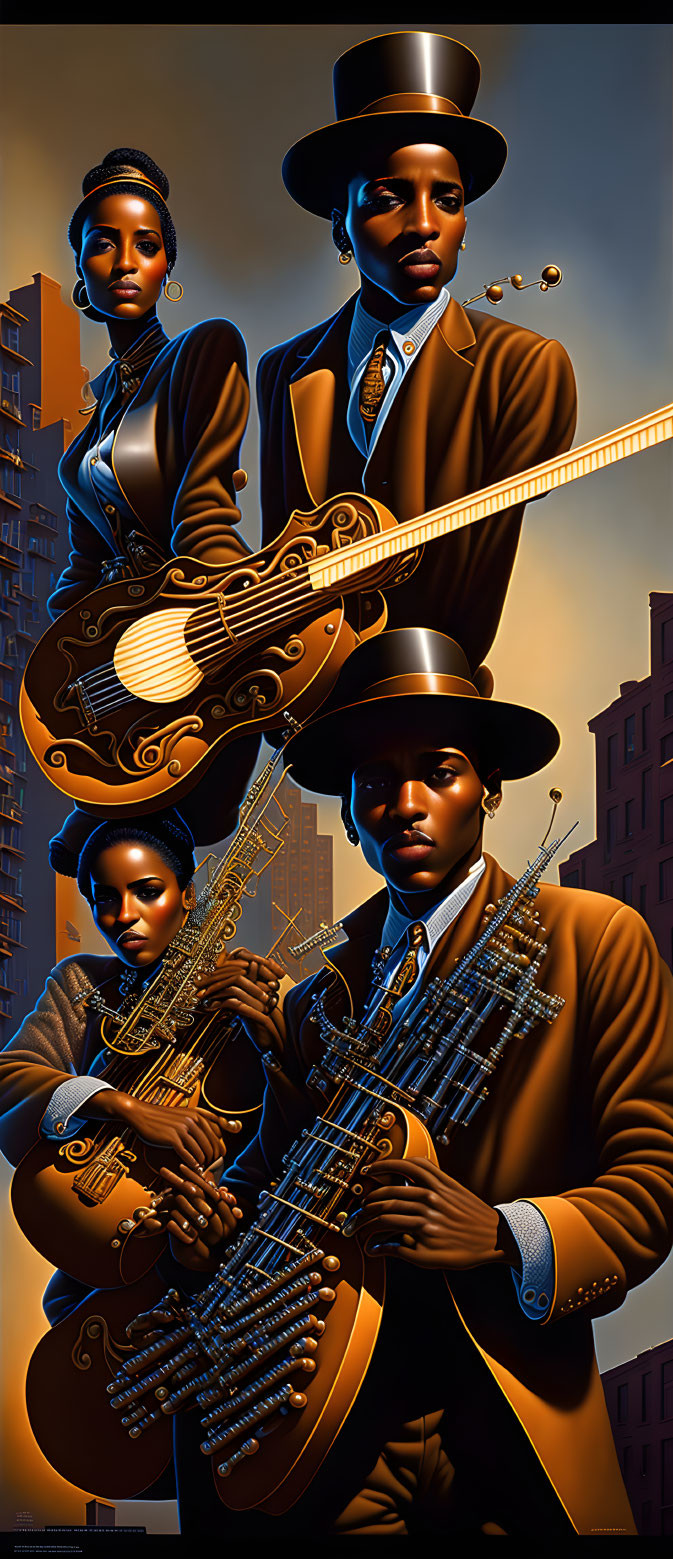 Surreal stylized illustration of two people with multiple-armed guitars against urban sunset backdrop