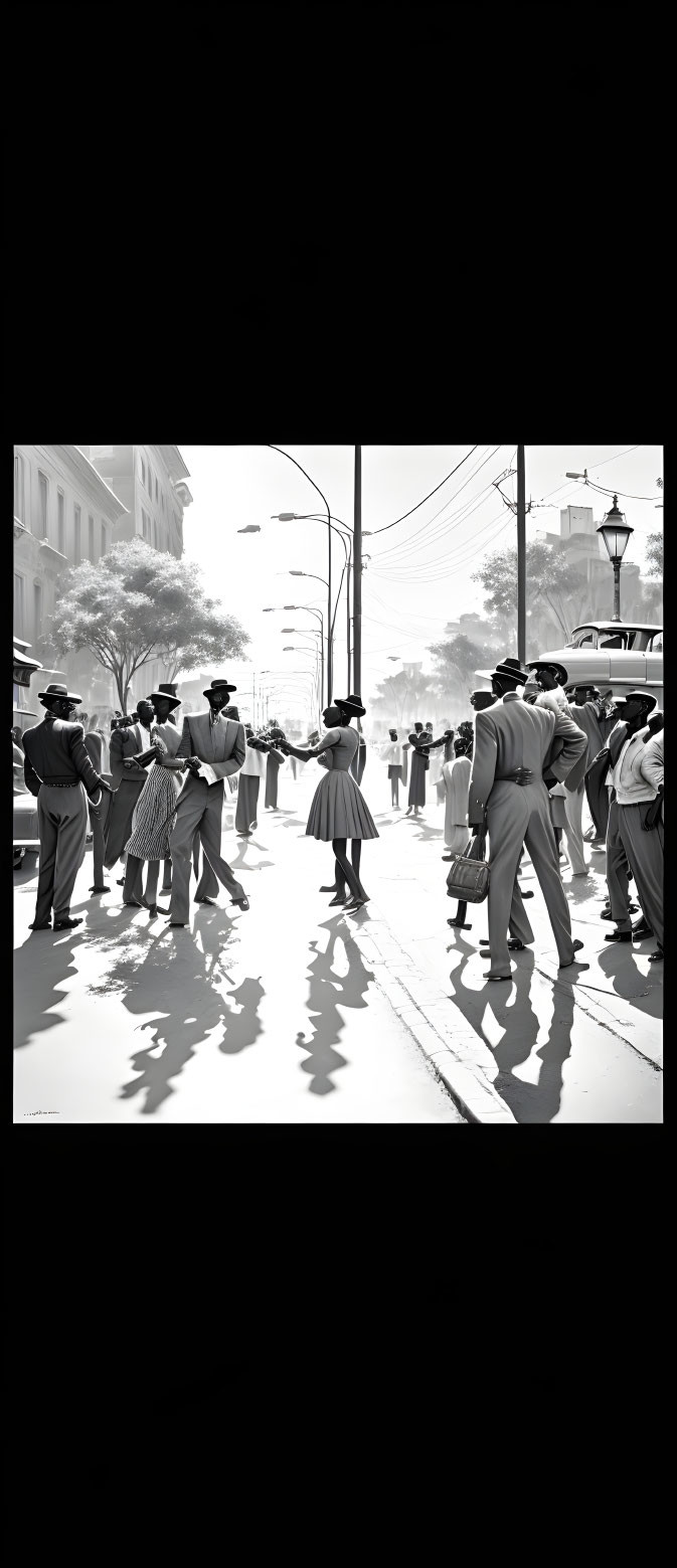 Vintage street scene with people at tram stop, black and white.