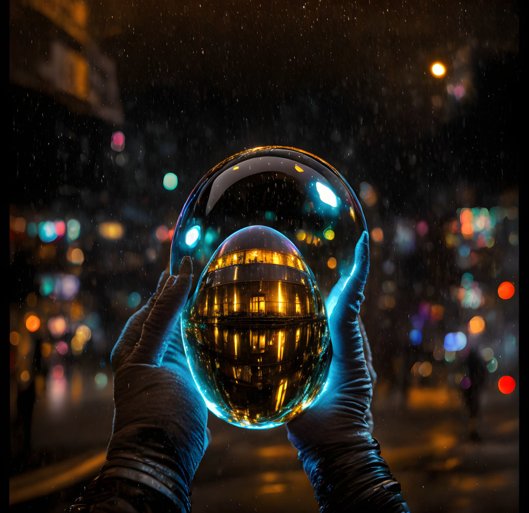 Luminous crystal ball reflects cityscape at night