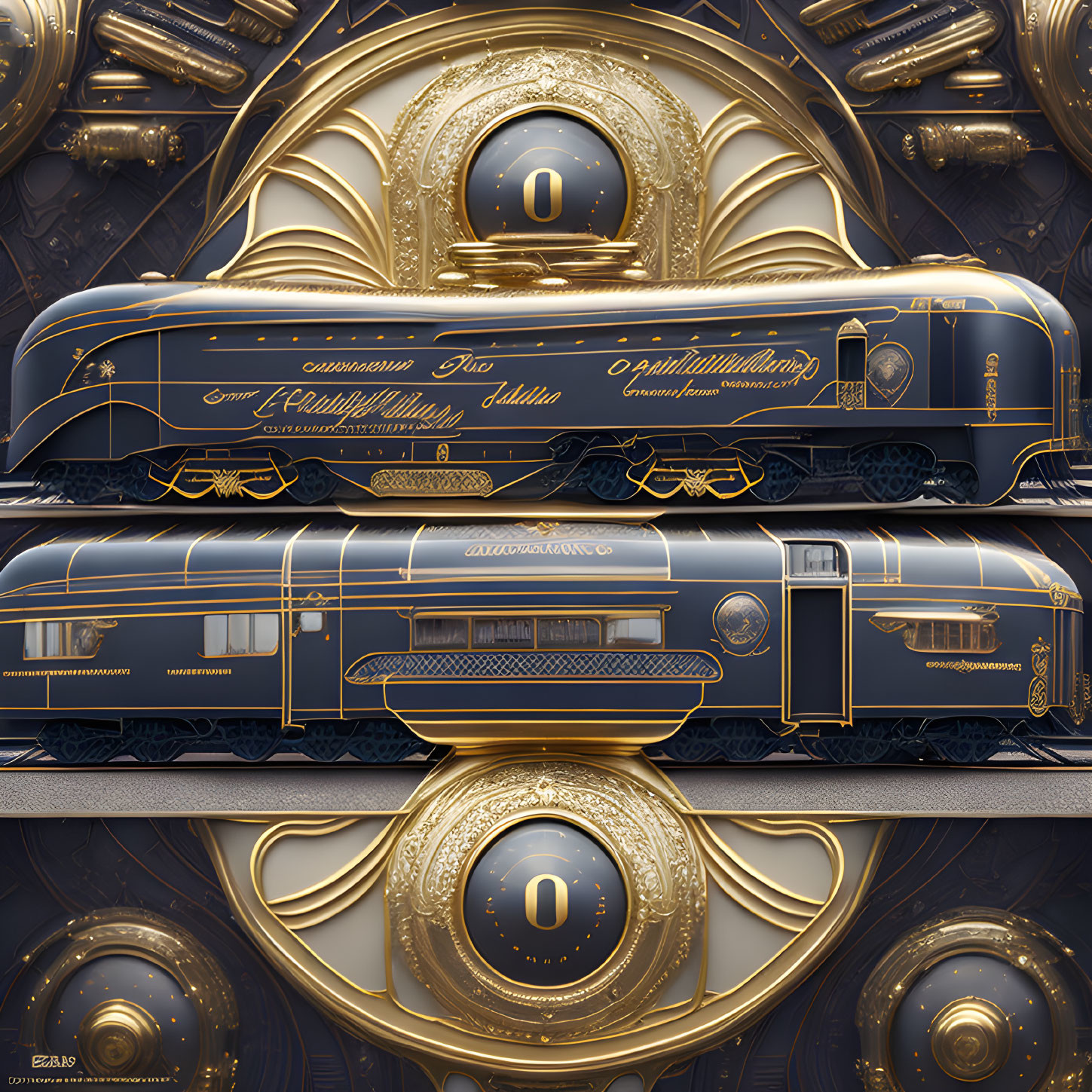 Blue and Gold Stylized Train on Ornate Decorative Background