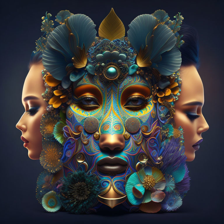 Colorful 3D fantasy face with floral patterns on dark backdrop