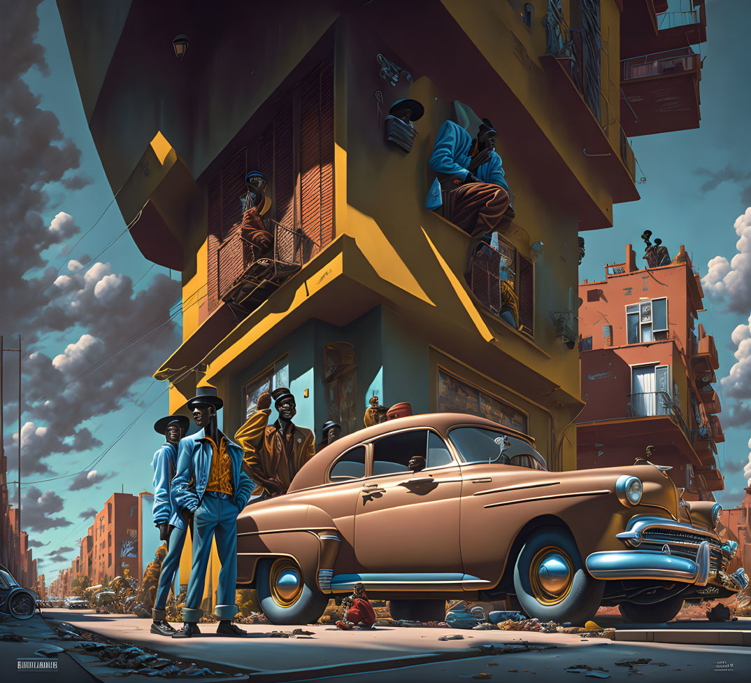 Surreal urban artwork with classic car and tilted buildings