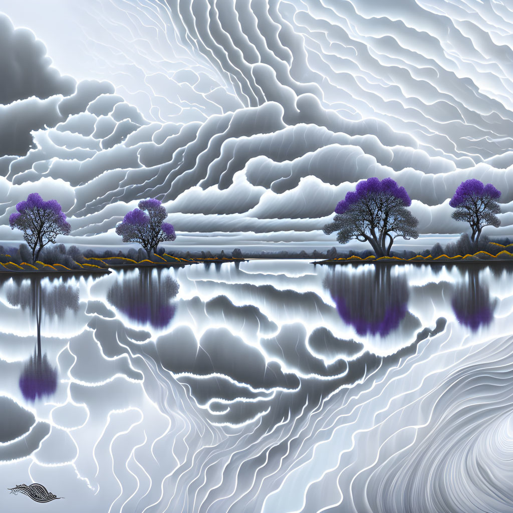 Tranquil landscape: layered clouds, purple trees, reflective river