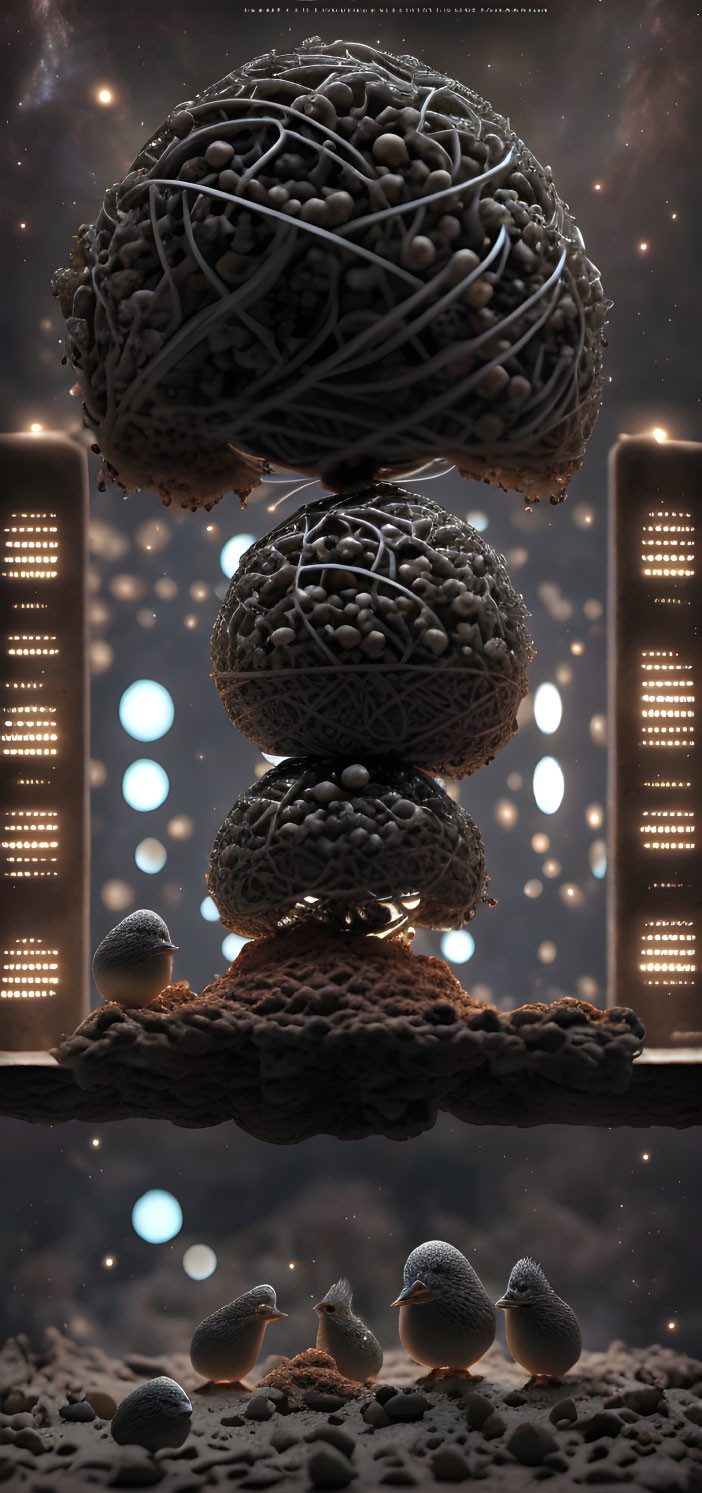 Surreal spherical objects with pebble-like textures in cosmic setting
