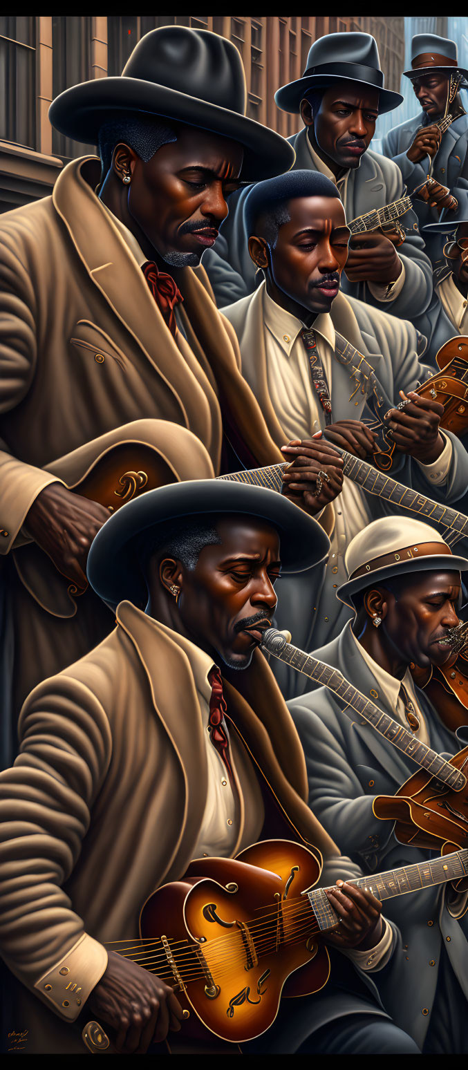 Identical Jazz Musicians in Beige Suits and Hats Playing Guitar