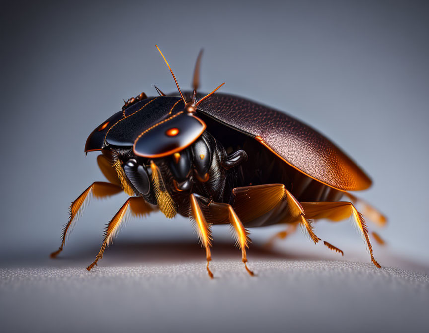 Close-up of a shiny brownish-black insect with details