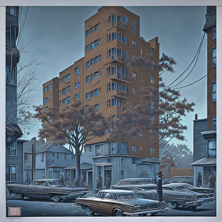 Vintage cars parked on street with old-style houses and tall building under dusky sky