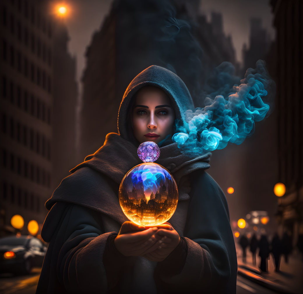 Hooded figure with glowing orb and cityscape in mystical urban setting