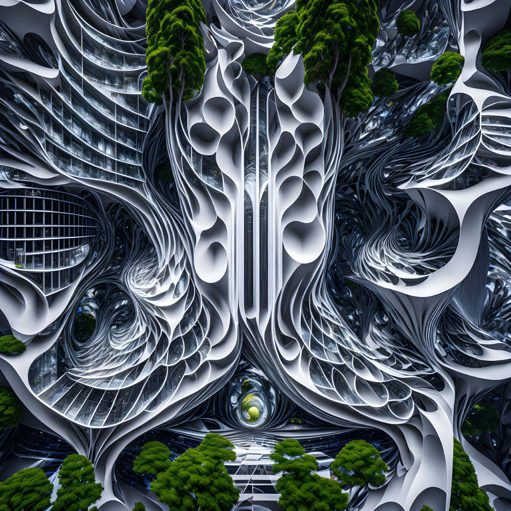 Symmetrical digital artwork with swirling abstract patterns and natural elements in white and dark tones