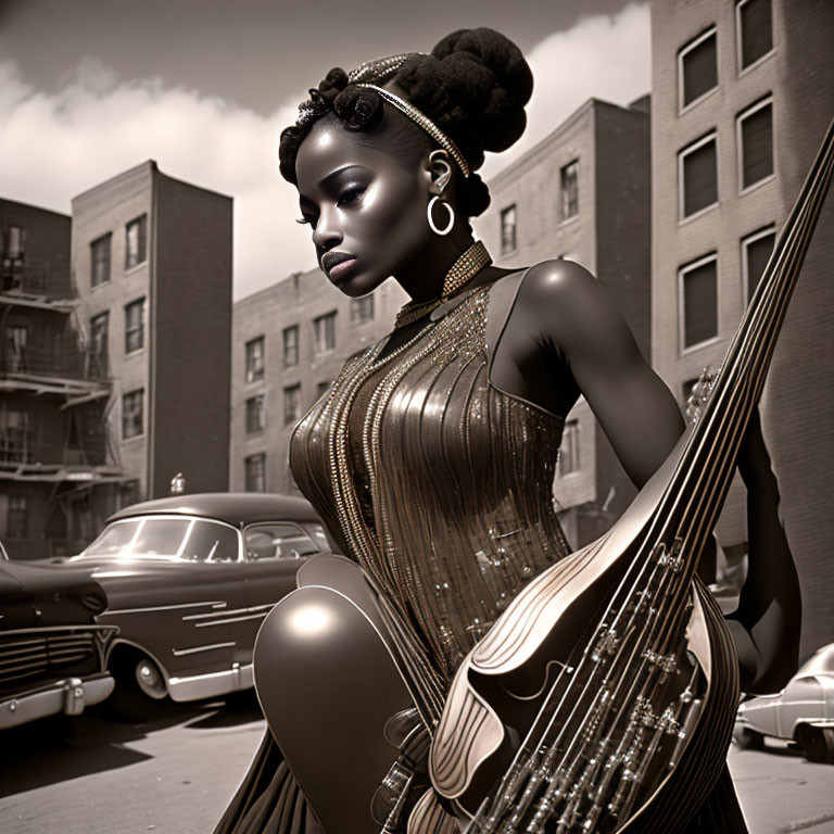 Woman with Unique Hairstyle Playing Electric Bass on Sunny Street