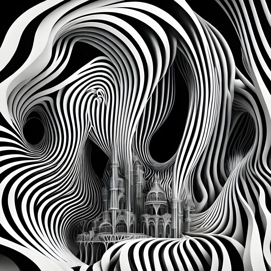 Monochrome op-art design with swirling stripes around detailed gothic architecture