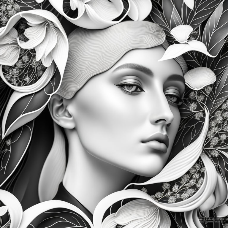 Monochrome digital artwork featuring woman's face with floral elements and intricate patterns.