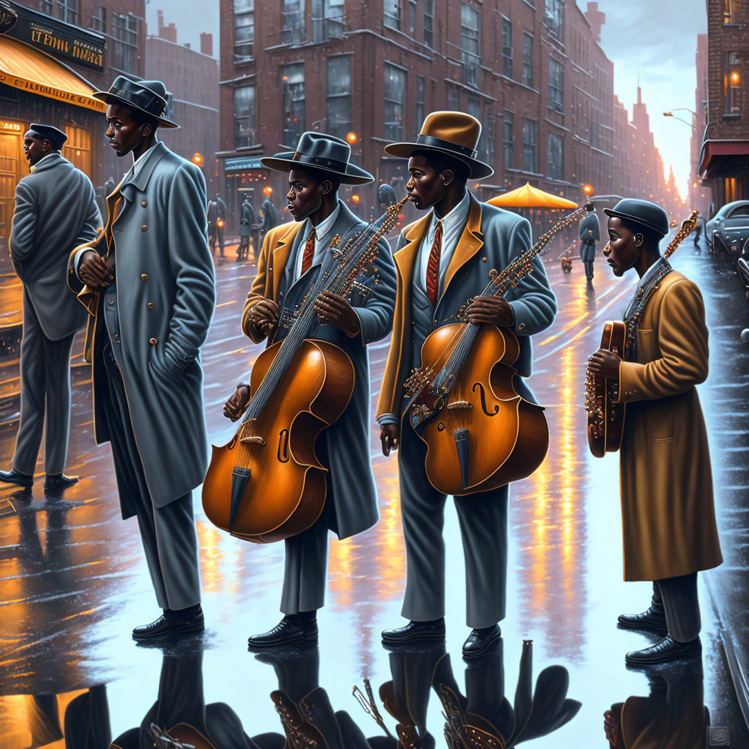 Jazz musicians with guitars and saxophone on rain-wet street