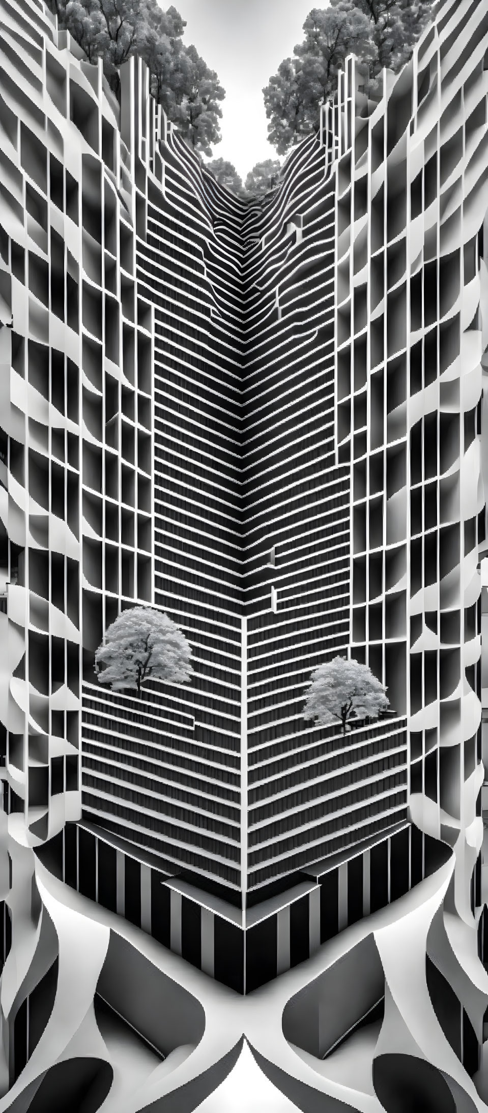 Symmetrical black and white optical illusion of building and trees