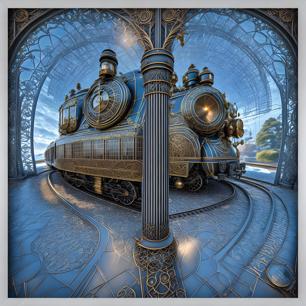 Intricately Designed Steampunk Locomotive in Glass-Domed Station