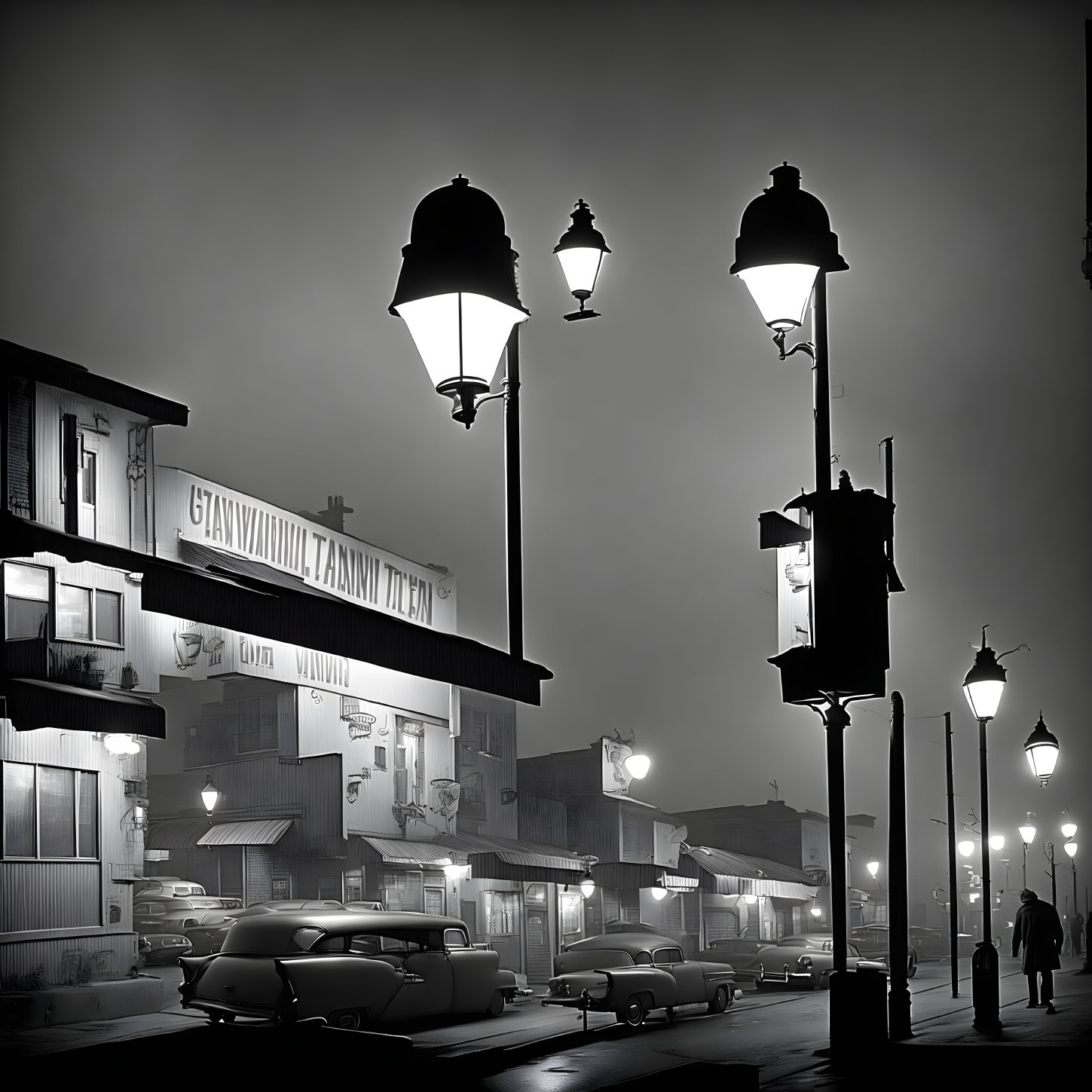 Vintage cars on old-fashioned street at night with glowing street lamps