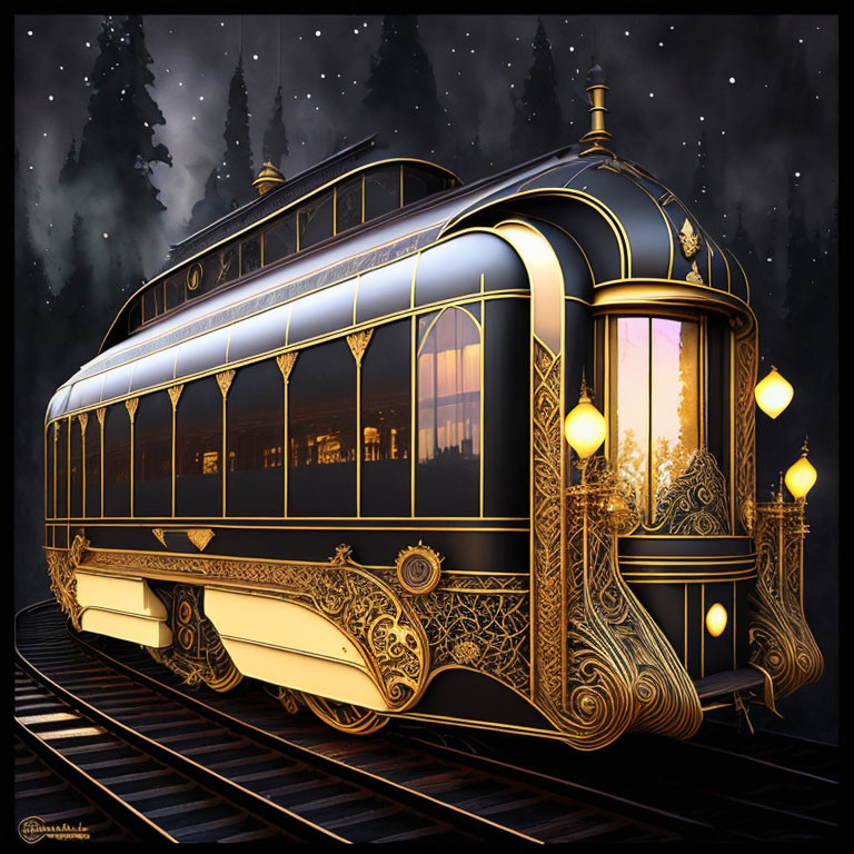 Vintage-style ornate train with gold detailing on night tracks.