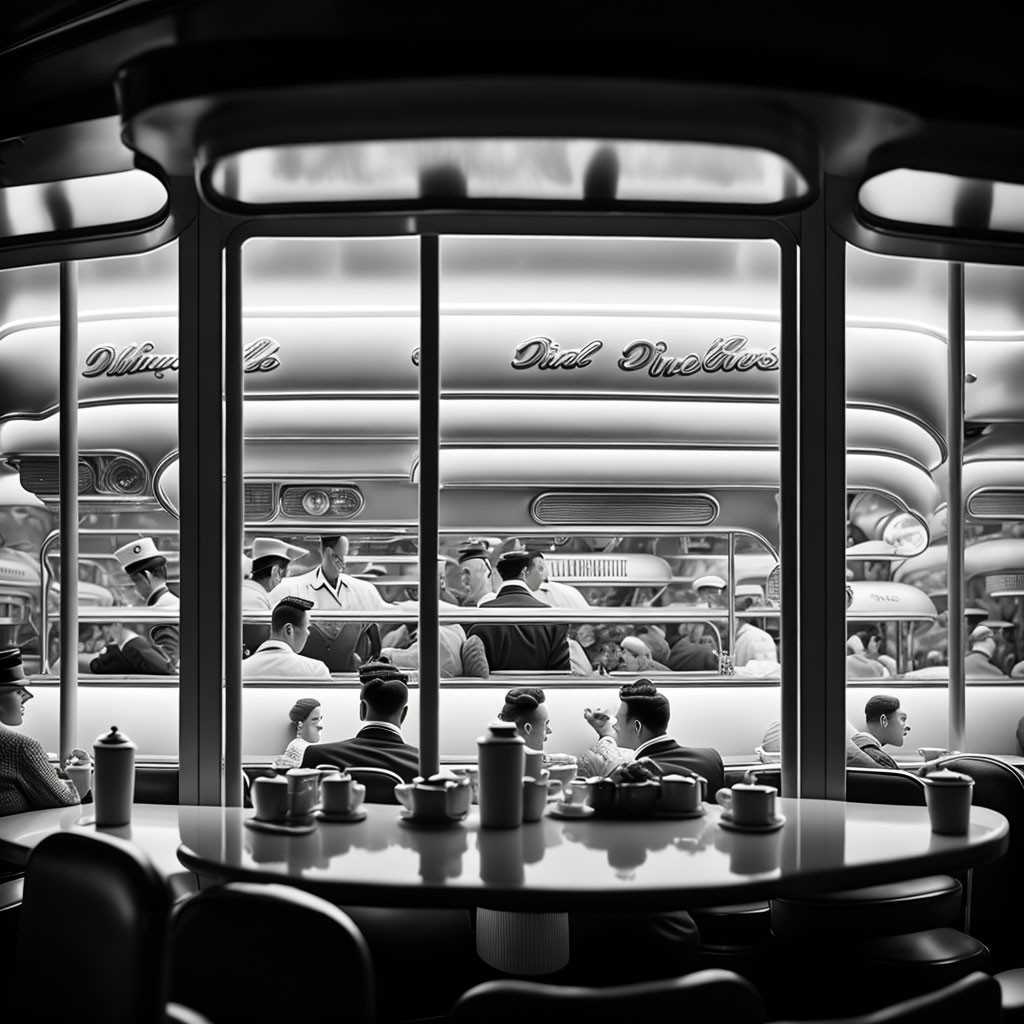 Monochrome diner interior with patrons at booths and counter