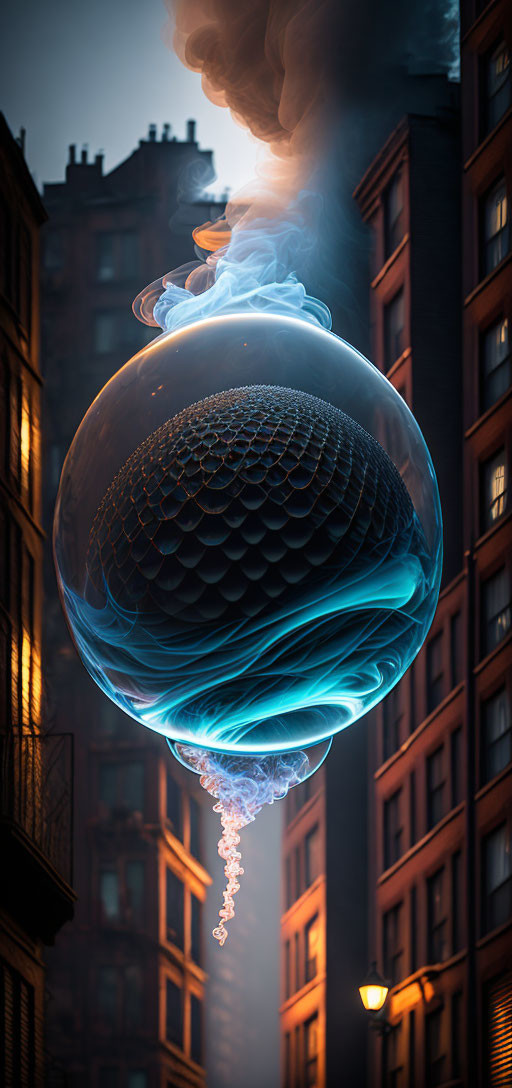 Translucent orb with scaled texture floating among brick buildings