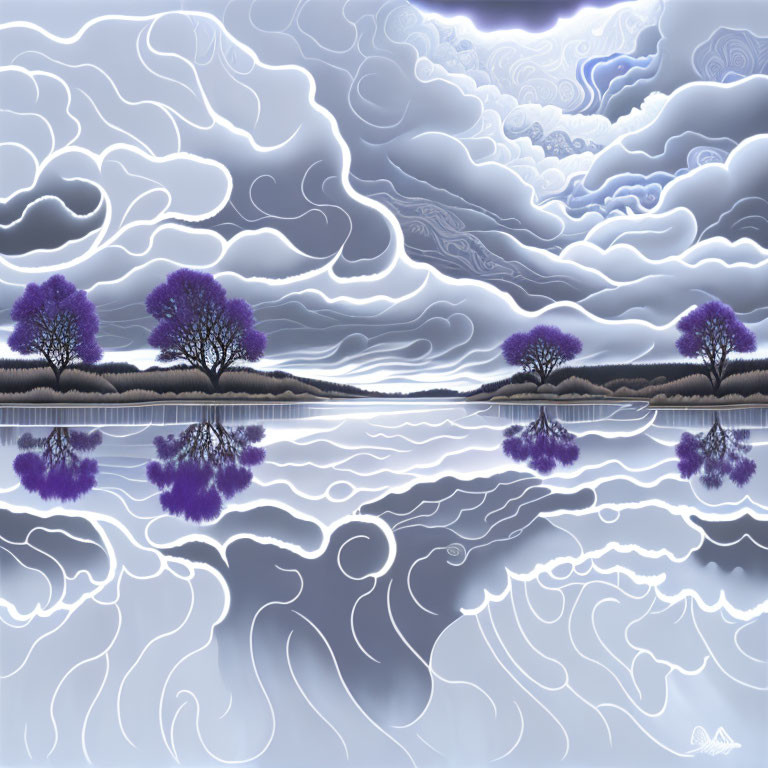Purple Trees Reflecting on Water in Surreal Landscape