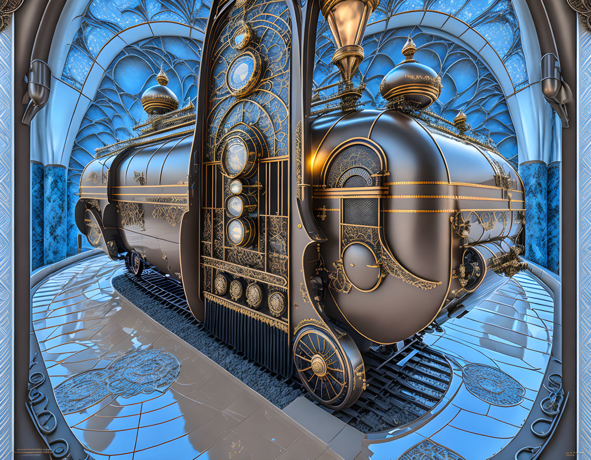 Ornate steampunk-style train station with black and gold locomotive