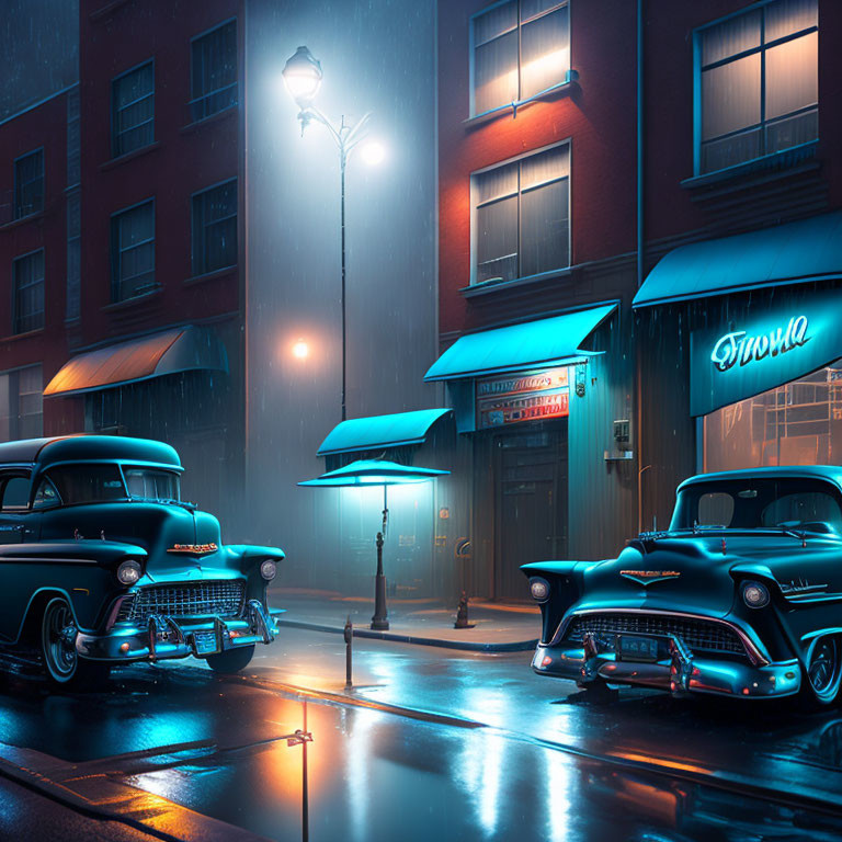 Vintage cars and neon-lit diners on rainy city street at night