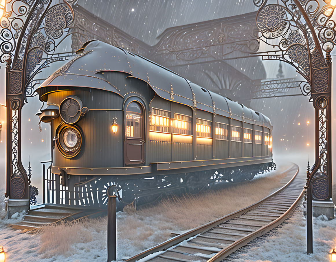 Vintage train in snowy station with ornate metalwork