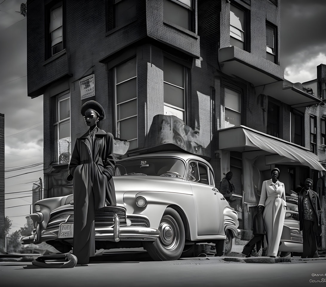 Monochrome vintage scene: elegantly dressed woman, classic car, period attire on old street