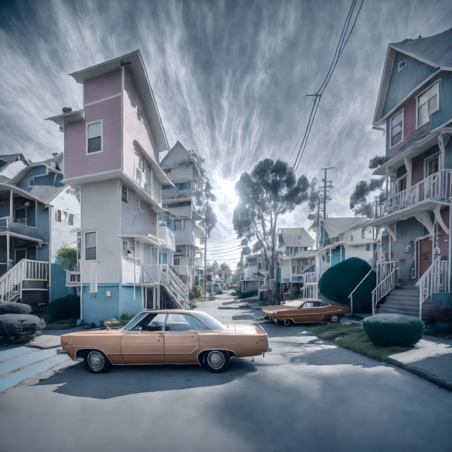 Vintage Car Parked on Quiet Street with Tall Houses and Dramatic Sky