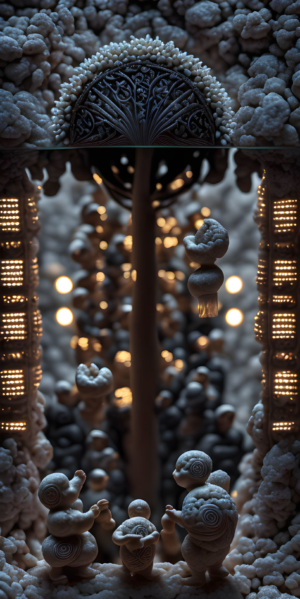 Surreal image of snail-like figurines under illuminated archway