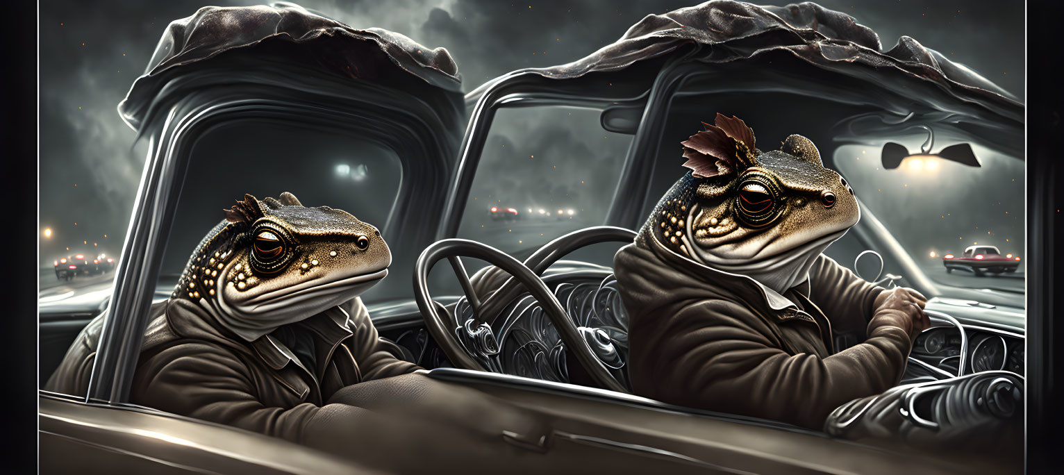 Anthropomorphic frogs in leather jackets driving convertible car at night