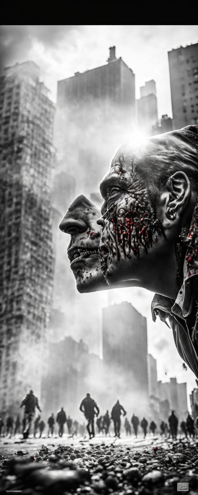 Person with Skeleton Face Paint in Dramatic Cityscape Setting